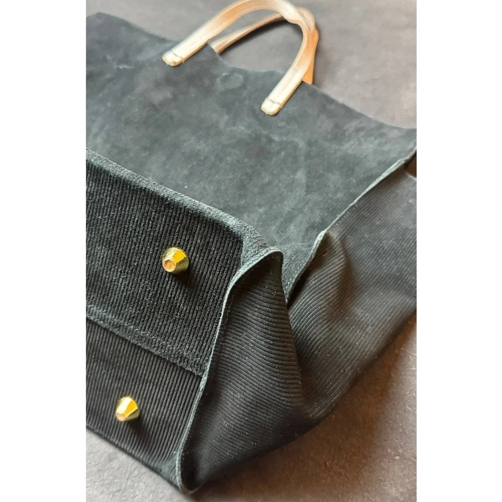 Clare V. Corduroy Tote Bag Large Black Cotton Leather Handle Plaid Lining Travel